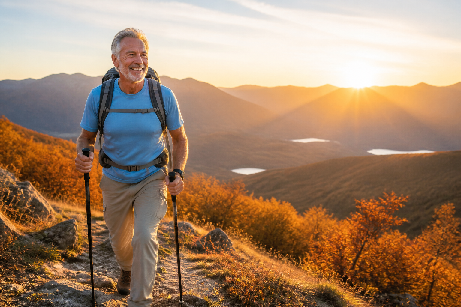Active senior hiking with confidence